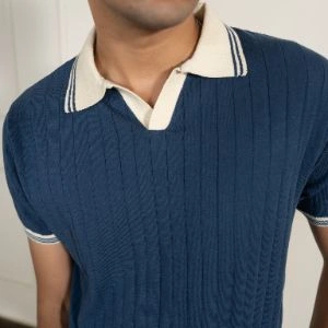 DROP NEEDLE KNIT POLO – NAVY & CREAM - Image 4