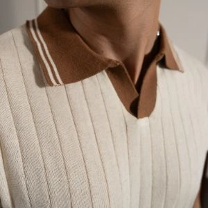 DROP NEEDLE KNITTED SHIRT – IVORY & BROWN - Image 4