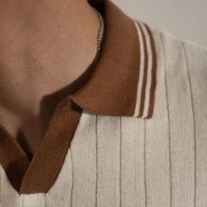 DROP NEEDLE KNITTED SHIRT – IVORY & BROWN - Image 5