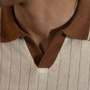 DROP NEEDLE KNITTED SHIRT – IVORY & BROWN - Image 6