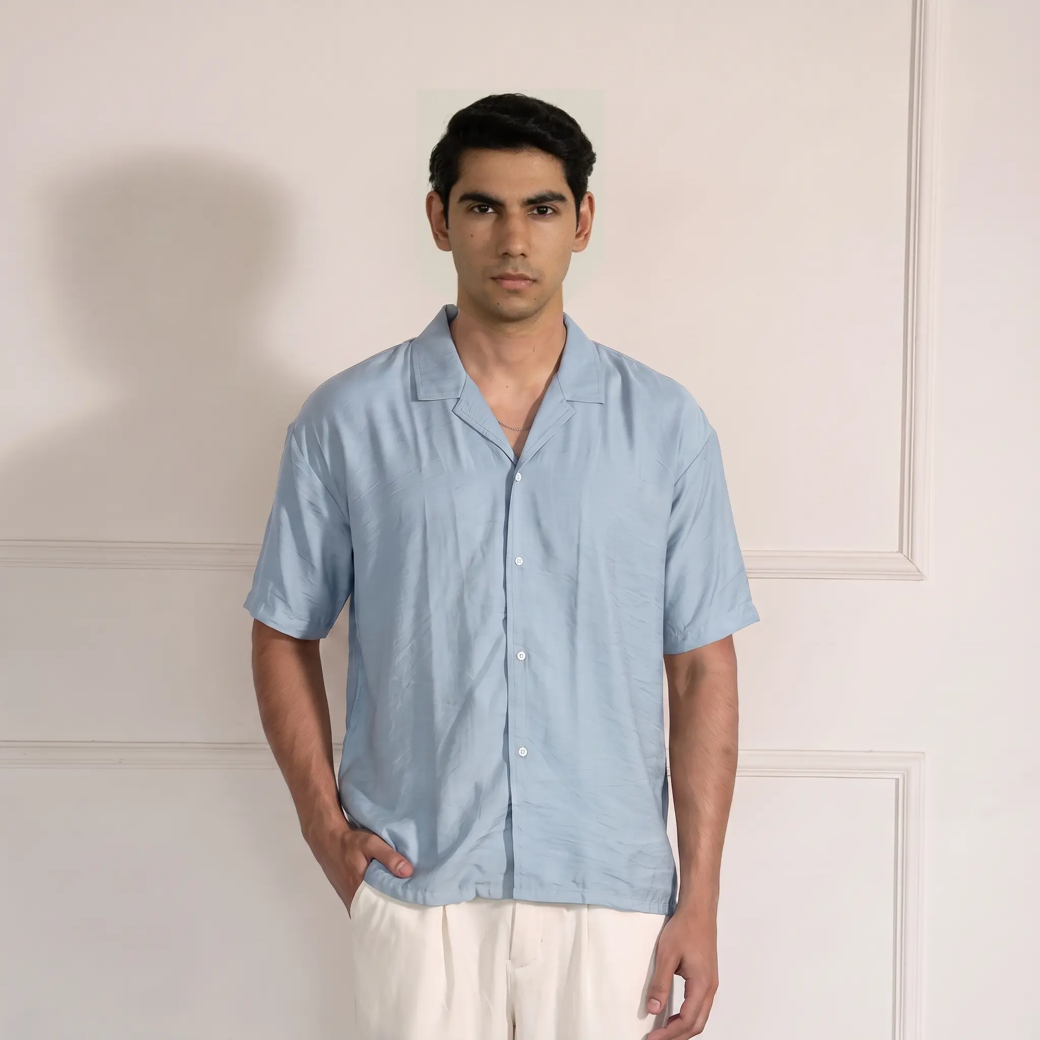LINEN CUBAN COLLAR SHIRT – LIGHT SKY BLUE
