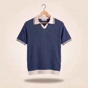 DROP NEEDLE KNIT POLO - SLATE BLUE TIPPED