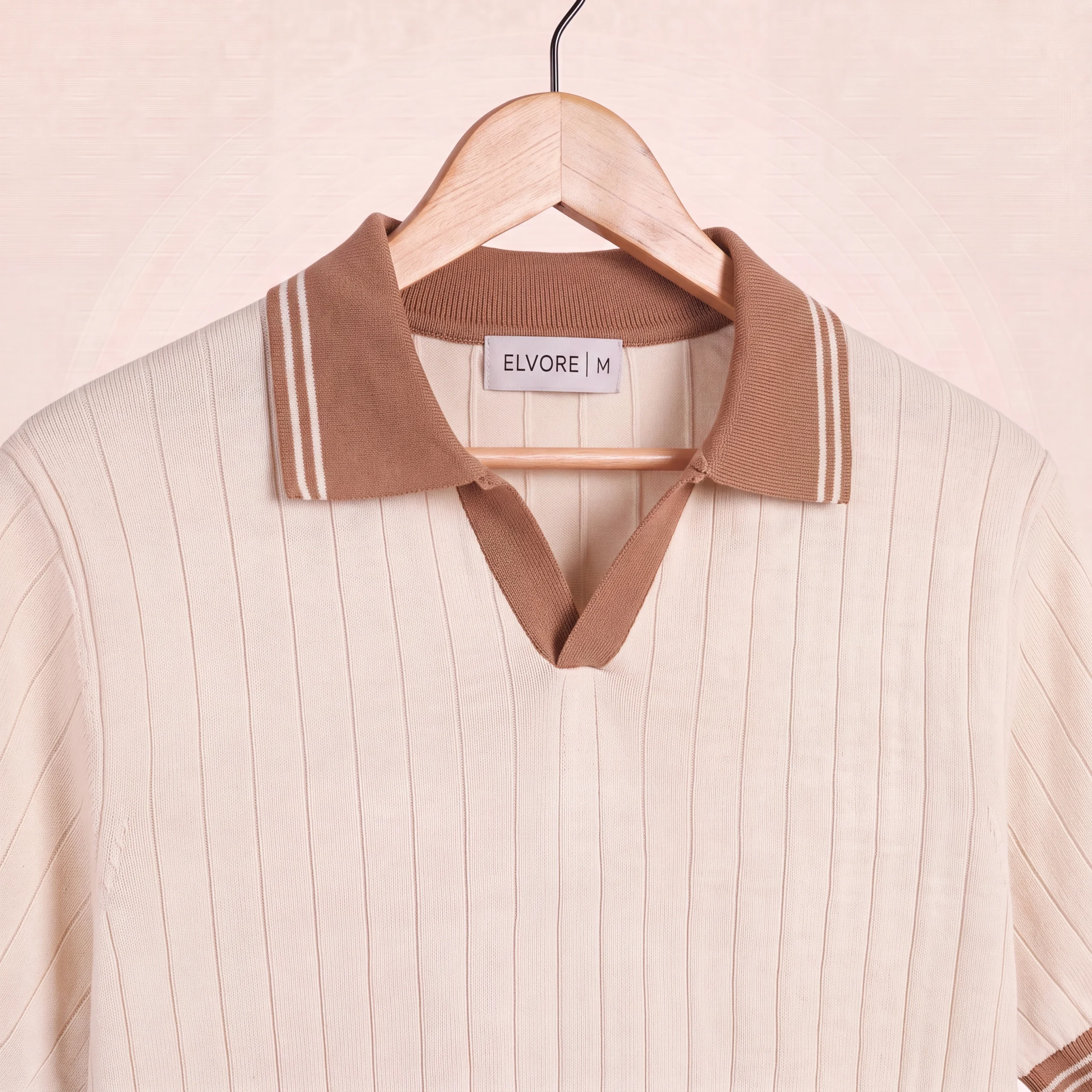 DROP NEEDLE KNITTED SHIRT – IVORY & BROWN - Image 3