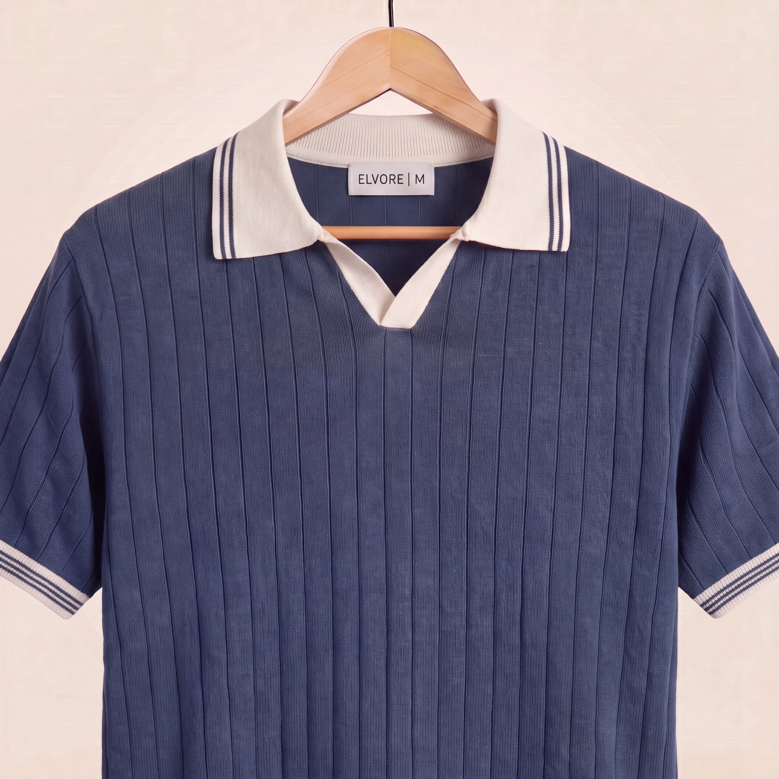 DROP NEEDLE KNIT POLO – NAVY & CREAM - Image 3