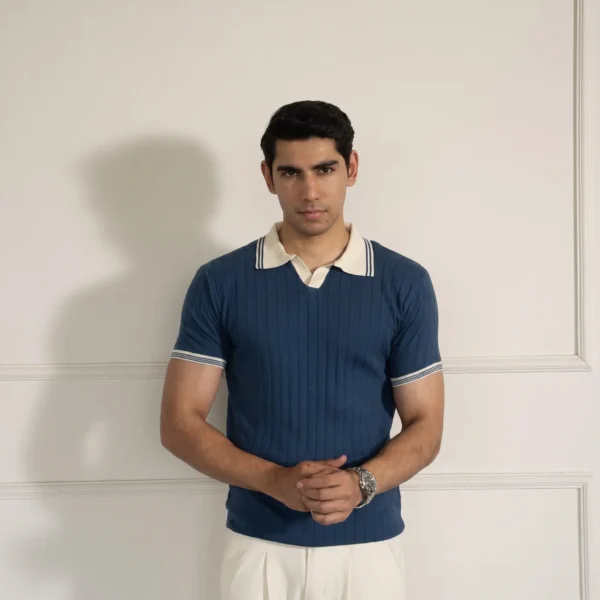 DROP NEEDLE KNIT POLO – NAVY & CREAM