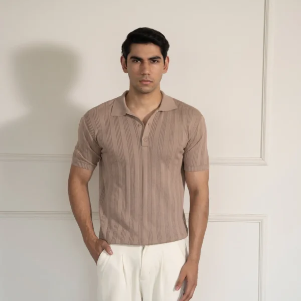 SIGNATURE RIBBED KNIT POLO - CAMEL BEIGE