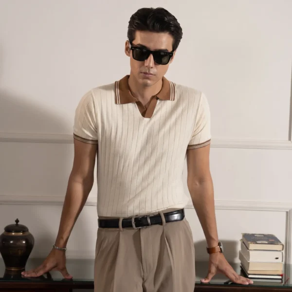 DROP NEEDLE KNITTED SHIRT – IVORY & BROWN