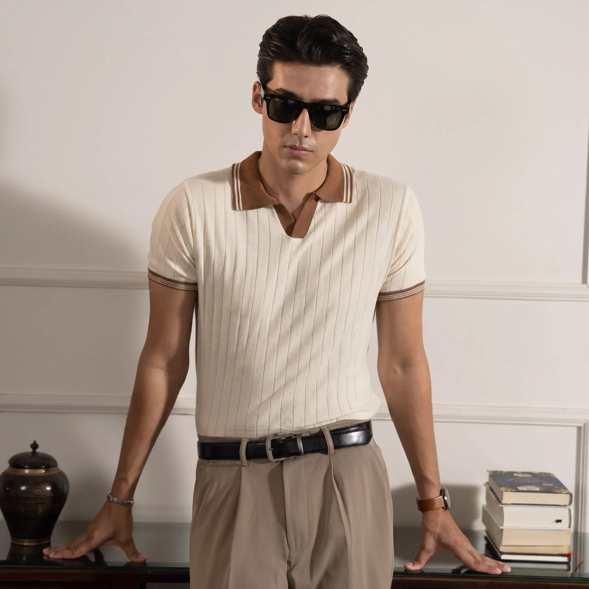 DROP NEEDLE KNITTED SHIRT – IVORY & BROWN