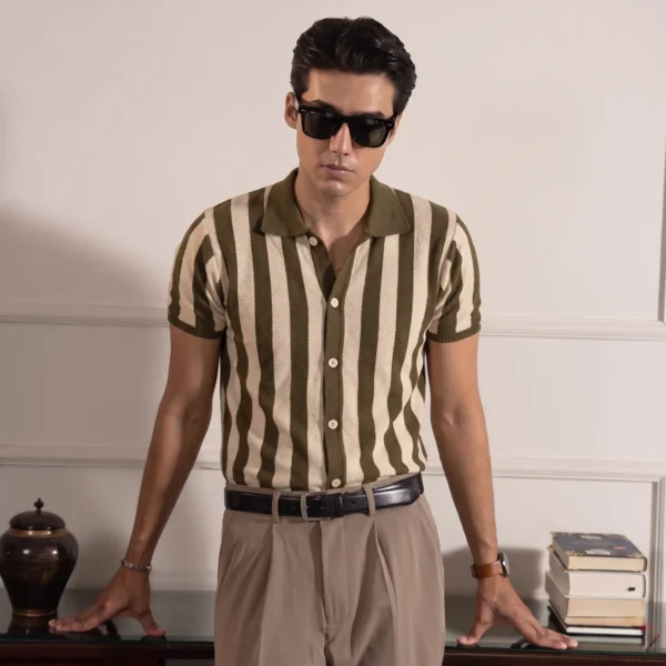 BUTTON DOWN STRIPED KNIT POLO - OLIVE & CREAM