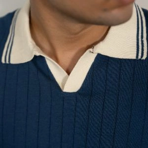 DROP NEEDLE KNIT POLO – NAVY & CREAM - Image 6
