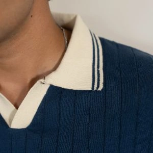 DROP NEEDLE KNIT POLO – NAVY & CREAM - Image 5